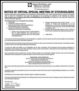 Asian Hospital, Inc. to hold virtual Special Meeting of Stockholders on Nov. 12