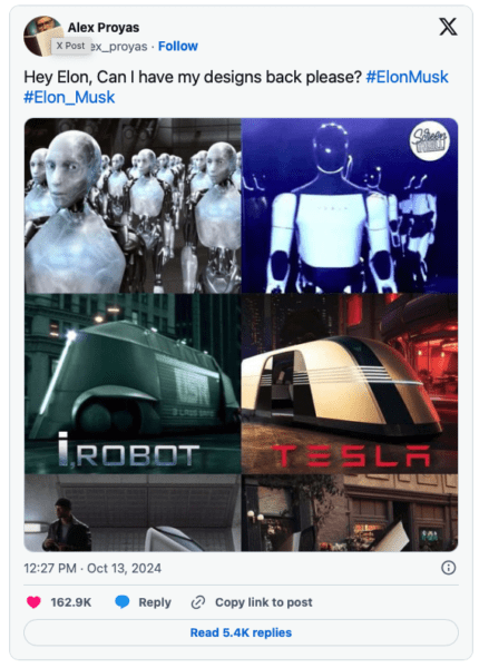 Hollywood director accuses Elon Musk of copying designs for Tesla Robots and Cybercab